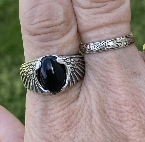 Anillo Ala Águila en Plata de Ley con Ónix Negro Genuino Talla 11 Anillo Águila EE. UU. - Imagen 3 de 19