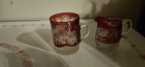 Bohemian Glass Cranberry Cut To Clear Antique 3" Creamer And Open Sugar/cup - Picture 5 of 9