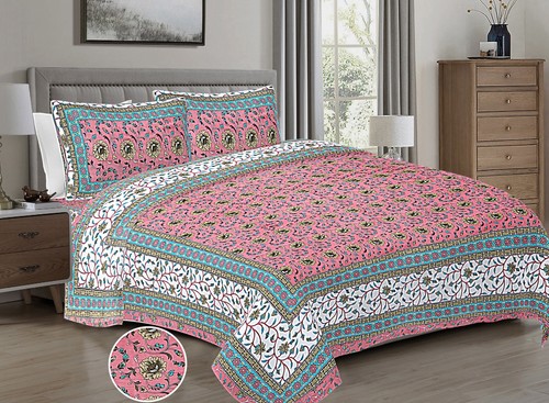 Loom N Bloom Jaipuri Hand Screen Print Cotton 1 Bedsheet 2 Pillowcover  "90x108" - Picture 1 of 5