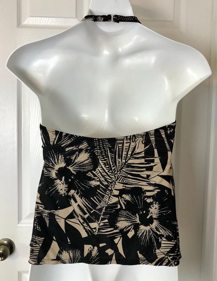 Camiseta de natación Tankini Tropical Escape para mujer 16 negra tostada estampado botánico halter Foto 3 de 4