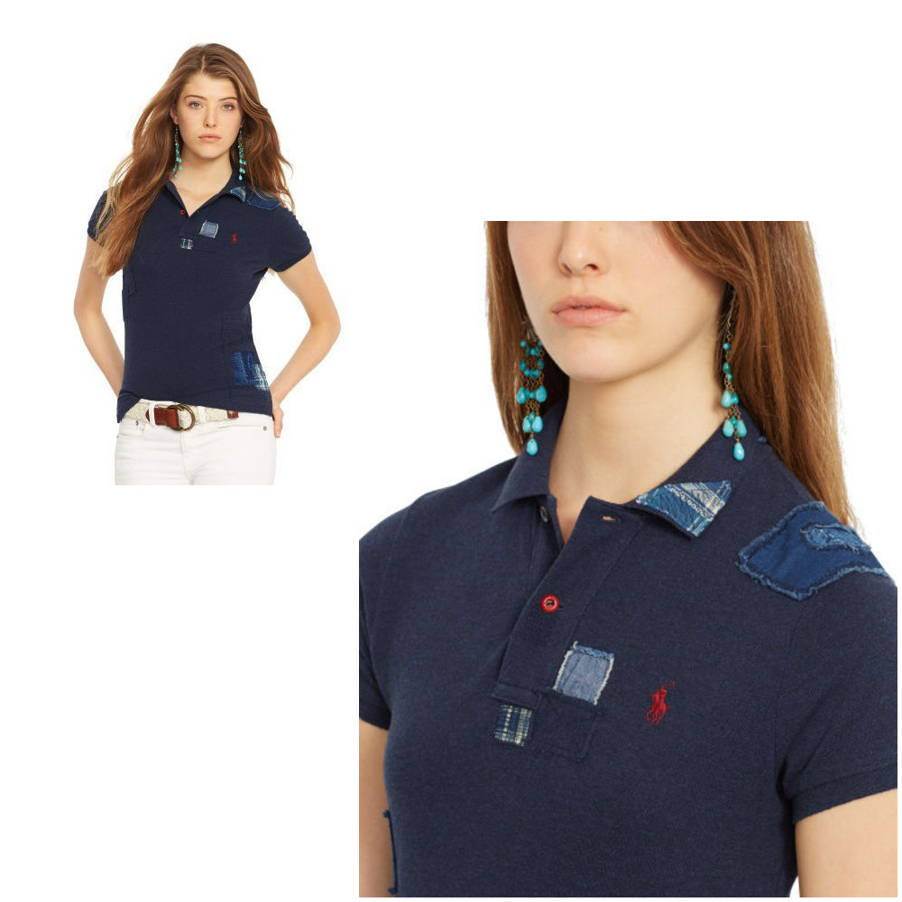 NWT Ralph Lauren Women Skinny Fit Repaired Patchwork Polo Shirt Indigo Large L NWT Ralph Lauren Women Skinny Fit Repaired Patchwork Polo Shirt Indigo Large L