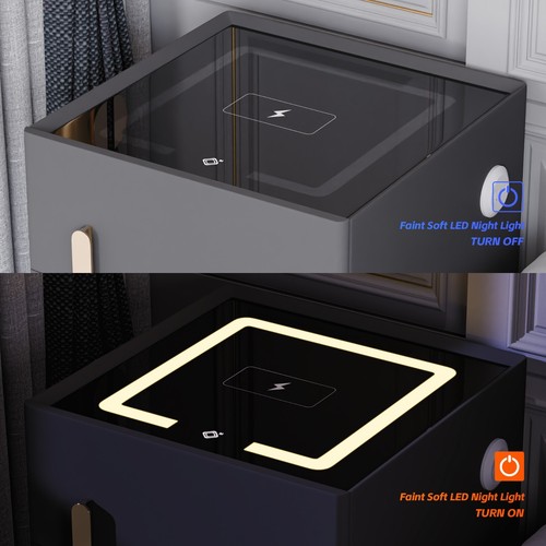 Multifunctional Smart Nightstand w/Safe Lock Box 3-Color Light Wireless Charging - Picture 17 of 21