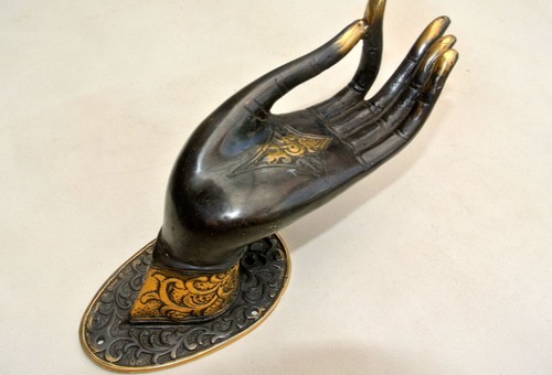 BUDDHA DOOR handle solid aged brass antique old style HAND fingers 20 cm LEFT B - Picture 2 of 5