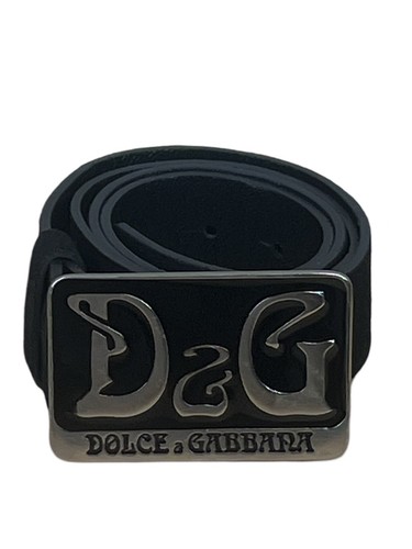 Vintage DOLCE & GABBANA Big D&G Script Logo Gürtelschnalle & schwarzer Ledergürtel Rarität