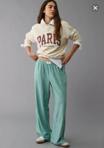 AMERICAN EAGLE AE STRIPED WIDE LEG PAJAMA PANT SIZE XS GREEN - Picture 8 of 12