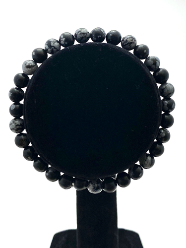 Natural Snowflake Obsidian 7.25" 6.2mm Gemstone Bead Bracelet w/Stretch Cord - Picture 2 of 2