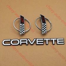 Set of 3 Chrome 84-96 C4 Front Nose & Rear Gas Lid Emblems Script Letters Badges