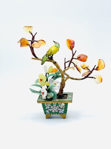 VTG Chinese Jade Carnelian Quartz Bonsai Tree Cloisnne Bird Flower Pot - Bild 1 von 11