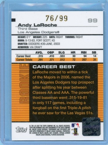 Andy LaRoche 2007 Bowman's Best #99 Auto Blue Rookie Los Angeles Dodgers 76/99 - Picture 2 of 2