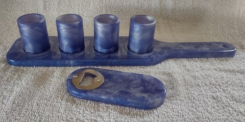 Resin shot flight with matching shot glasses, bottle opener blue marble handmade - Picture 4 of 11