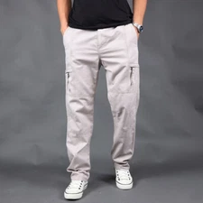 Men Cotton Cargo Combat Pants Loose Straight Leg Zipped Pocket Trousers Casual