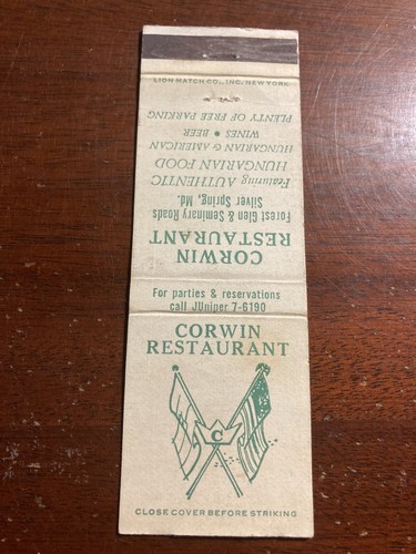 Corwin Restaurant Hungarian Restaurant Silver Spring Maryland MD Vtg Matchcover - Picture 2 of 4