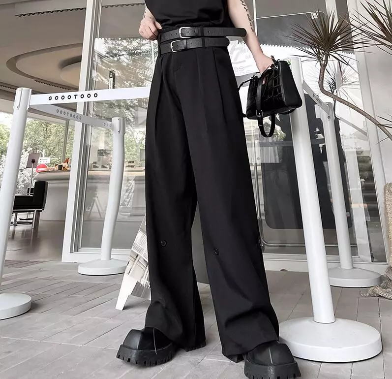 Mens Youth Casual Loose Suit Pants Fashion Punk Double Belt Black Wide Leg  Pants