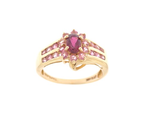 14K Yellow Gold Oval & Round Pink Tourmaline Halo Ring - Picture 2 of 7