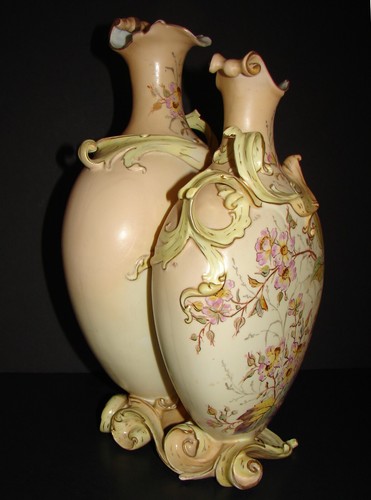 Rare Antique RW Rudolstadt Hand Painted Gilt Porcelain Double Vase Germany 13.5" - Picture 11 of 14