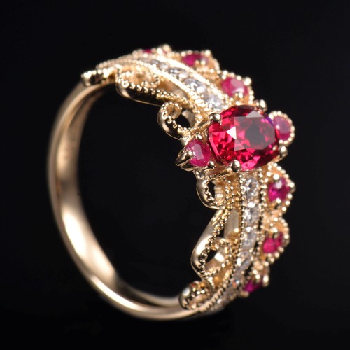 Vintage Lace Milgrain Ruby Natural Diamond Women Ring Band Solid 14K Yellow Gold - Picture 9 of 14