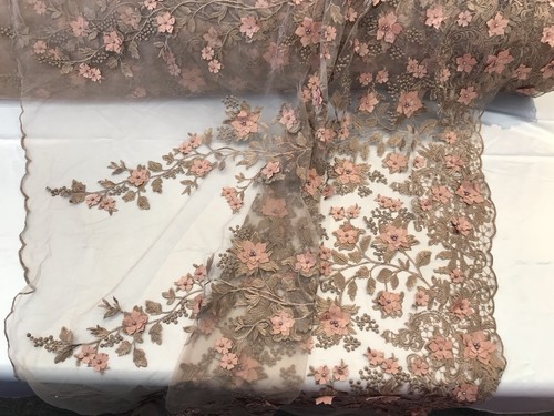 ROSE GOLD PRINCESS 3D FLORAL EMBROIDER WITH PEARLS ON A MESH-SOLD BY THE YARD. - Bild 7 von 9