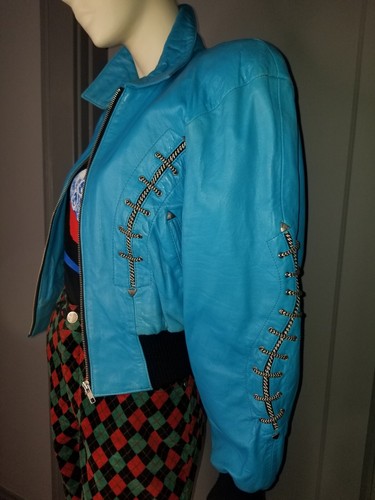 Michael Hoban North Beach Leather Turquoise Cropped Bomber Jacket M Western - Picture 5 of 15