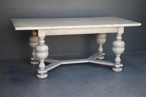 LARGE antique Baronial refectory dining table seats 8 marble top on carved oak - Picture 2 of 12