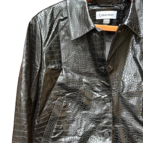 Calvin Klein Faux Leather Trucker Jacket 12 Black NWT Croc Coat Button Crop - Picture 8 of 9