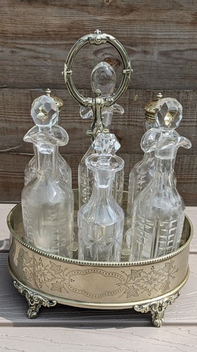 Victorian Silver Plated Cut Glass 6 Bottle Set. Oil Vinegar Salt Pepper Mustard. - Picture 2 of 22