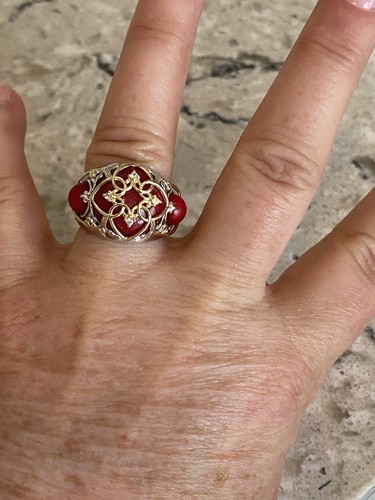 GEMS EN VOGUE RING STERLINGSILBER & GOLD UMARMTE ROTE KORALLE PERLE & WEISSER SAPHIR - Bild 10 von 12
