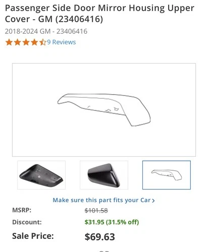 GM PART #23406416 2018-24 GM PASSENGER SIDE DOOR MIRROR HOUSING UPPER COVER  