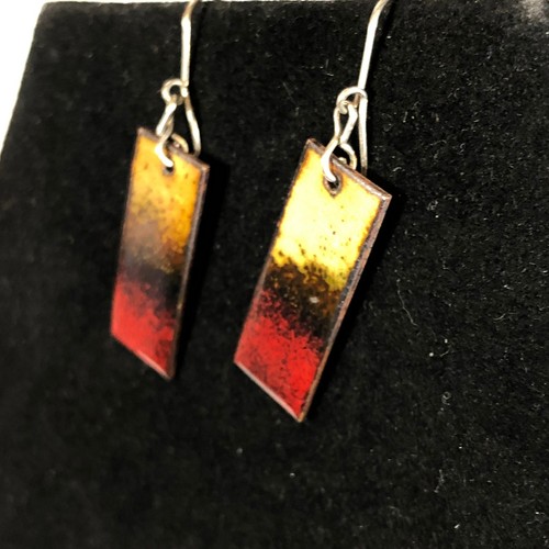 Red Brown Copper Earrings Glazed Silver Tone Pierced Hooks Artisan Rectangle - Picture 3 of 4