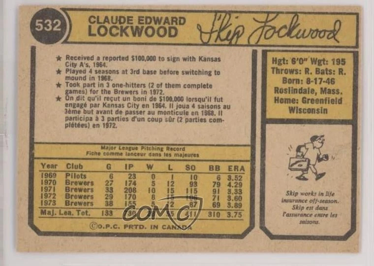 1974 O-Pee-Chee Skip Lockwood #532 - Image 2 of 2