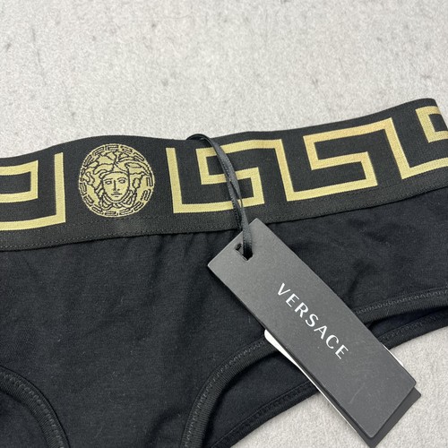 Versace Underwear Thong Womens 1 Black Cotton Greca Border Medusa Logo Briefs - Picture 2 of 7