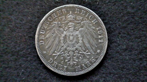 1911-A PRUSSIA - DREI 3 MARK - WILHELM II - .900 SILVER - 1/2 Oz - KM# 527 - Picture 2 of 4