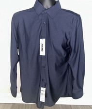 DKNY Men Slim Fit Dress Shirts Solid Long Sleeve Stretch, Navy, Large, NWT
