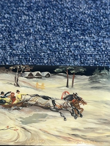 Vintage Fedoskino russische schwarze Lack Schmuckschatulle 10x7x3cm Pferde Schlitten - Bild 12 von 13