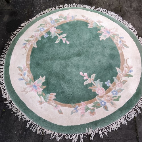 Alfombra redonda circular verde floral china vintage flecos beige flores azules 57" - Imagen 7 de 15