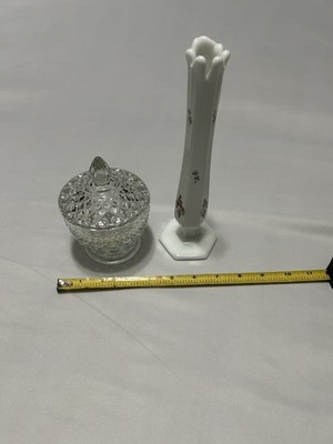 White Glass Floral Vase and crystal Sugar Bowl Glossy Finish Approximately 9in
