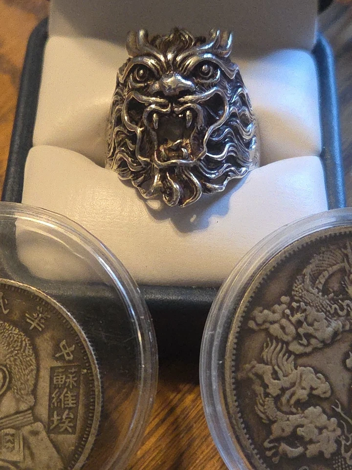 银中国龙戒指 极为罕见 1914 年 Fatman Half Yen DRAGON 1yen Silve — 第 3/4 张图片