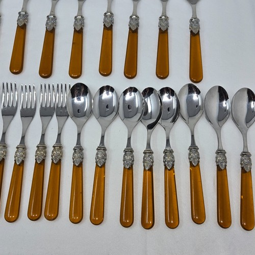 VINTAGE EME ITALY 18/10 STAINLESS FLATWARE SET NAPOLEON AMBER HANDLE 37 PC - Picture 5 of 10