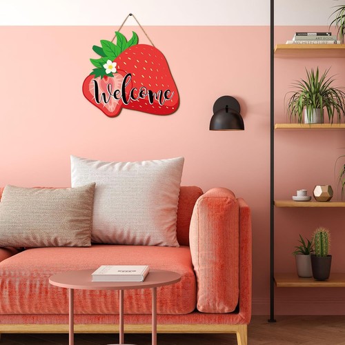 Letrero de puerta de bienvenida colgante de madera de fresa de ballena con tema de fruta de verano pared rojo - Imagen 4 de 7