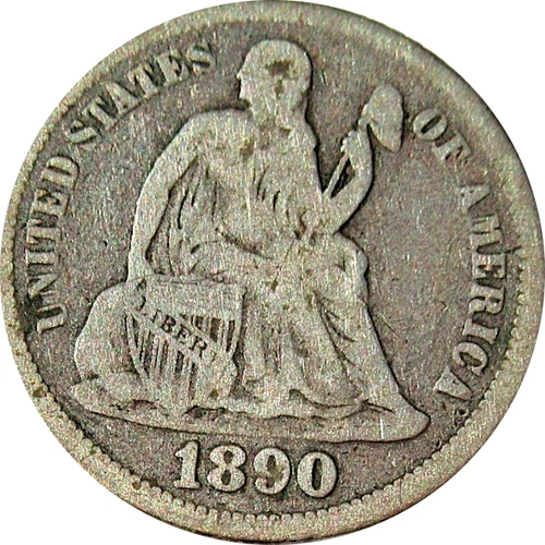 1890 U.S. SEATED LIBERTY SILVER DIME 10c COIN (VG-Very Good)