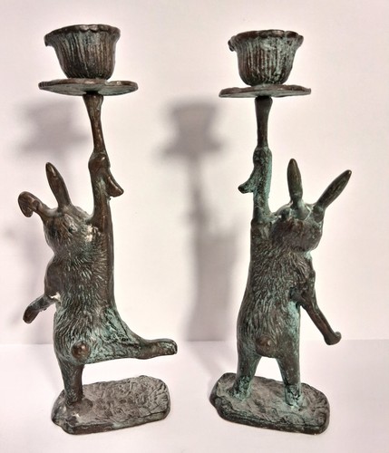 Unique Vintage Brass Bunnies Rabbits Candle Holders Flowers Taper Whimsical - Picture 2 of 4