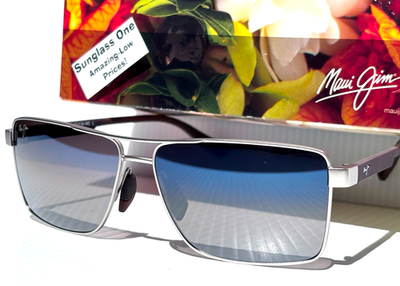 Maui Jim PIHA Matte Silver Brown POLARIZED Blue Silver GLASS