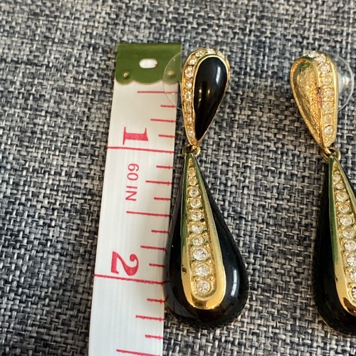 Christian Dior Goldtone Black Enamel Dangle tear Drop Earrings Rhinestones - Picture 6 of 6