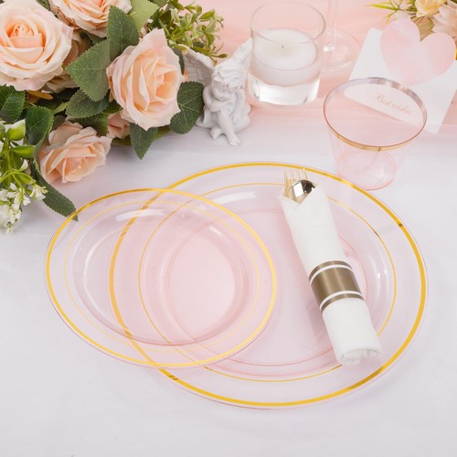 210Pcs Clear-Pink Plastic Dinnerware- Pink and Gold Plastic Dinnerware includ... - Picture 4 of 7