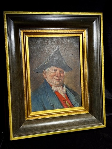 Antikes Ölgemälde lustiger Großvater raucht seine Pfeife 11” x 14” Rahmen - Bild 4 von 5