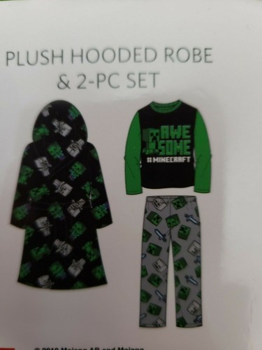 New Boys Minecraft Plush Hooded Fleece ROBE & Pajama Set Top & Pant Green 6 8 - Picture 3 of 5