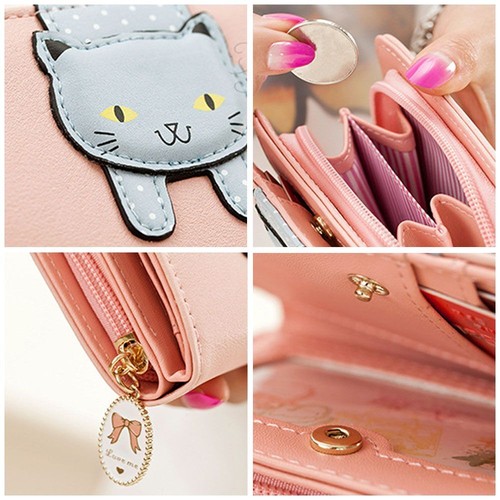 Female Cute Cat Zipper Small Coin Purse Short Wallet Card Holder Money Bag - Picture 4 of 16