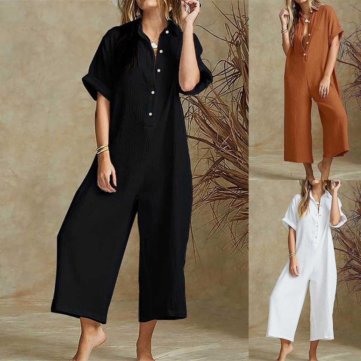 Women Summer Short Sleeve Button Down Pockets Jumpsuits Wide Leg Rompers  Pants | eBay