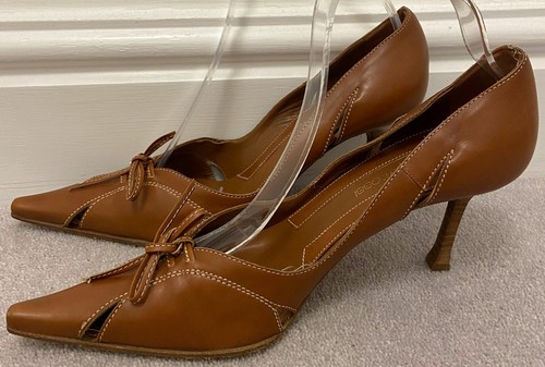 SERGIO ROSSI Tan Leather Pointed Toe High Wooden Stiletto Heel Shoes EU39 UK6 - Picture 2 of 11
