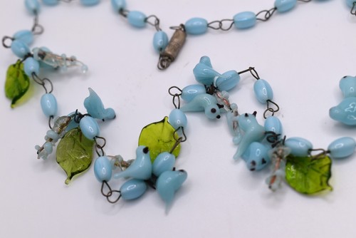 Vintage Venetian Murano Art Glass Necklace Blue Birds Green Leaves - Picture 7 of 10