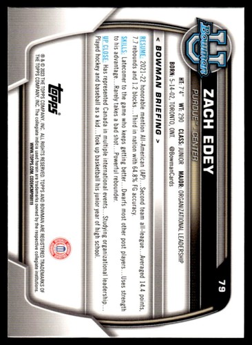 2022-23 Bowman Chrome University Zach Edey Purdue Boilermakers #79 - Picture 2 of 2